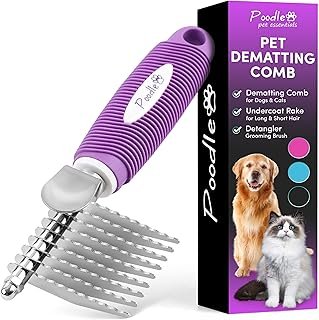 Poodle Pet Dematting Fur Rake Comb Brush Tool – with Long 2.5″ Steel Safety Blades for Detangling Matted or Knotted Underc…